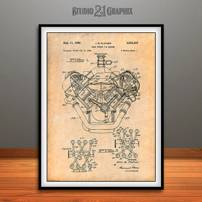 1954 Chrysler 426 Hemi V8 Engine Patent Print Antique Paper