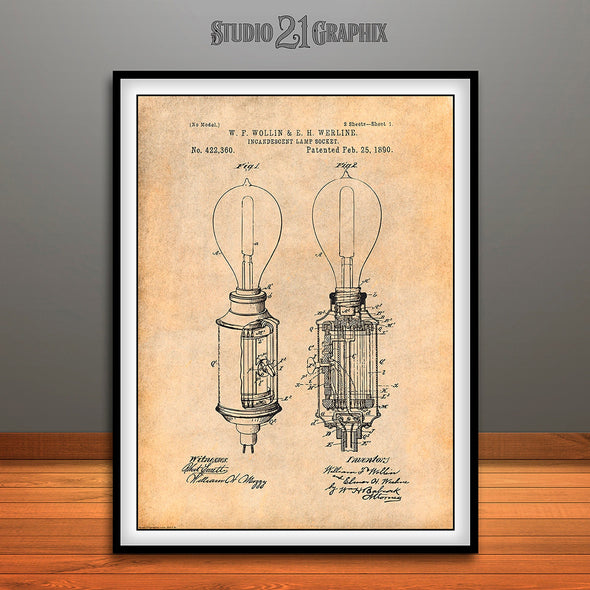 1890 Incandescent Lamp Patent Print Antique Paper