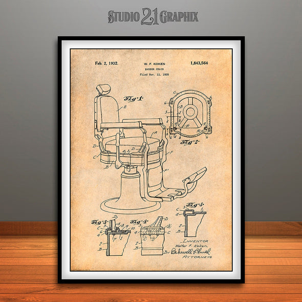 1929 Koken Barber's Chair Patent Print Antique Paper