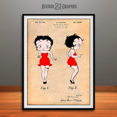 1931 Colorized Betty Boop Patent Print Antique Paper
