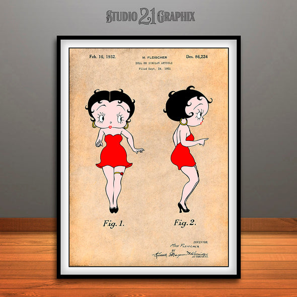 1931 Colorized Betty Boop Patent Print Antique Paper