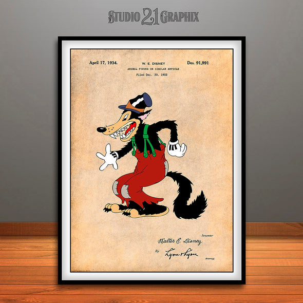 1934 Walt Disney Big Bad Wolf Colorized Patent Print Antique Paper