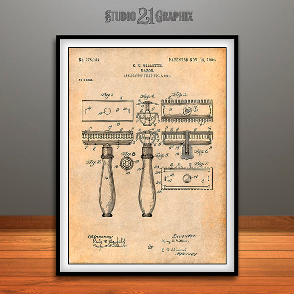 1901 Gillette Safety Razor Patent Print Antique Paper