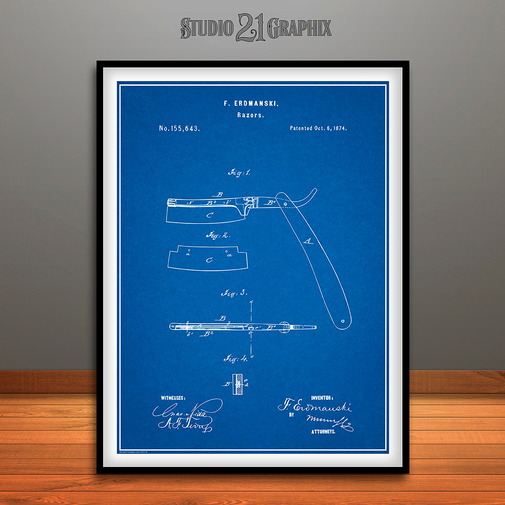 Straight Razor Print 1874 Straight Razor Patent Print - UNFRAMED – Studio 21 Graphix