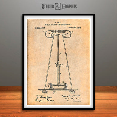 1914 Tesla Tower for Transmitting Electrical Energy Patent Print Antique Paper