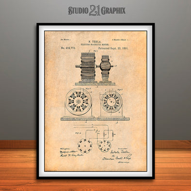 1891 Tesla Electro Magnetic Motor Patent Print Antique Paper