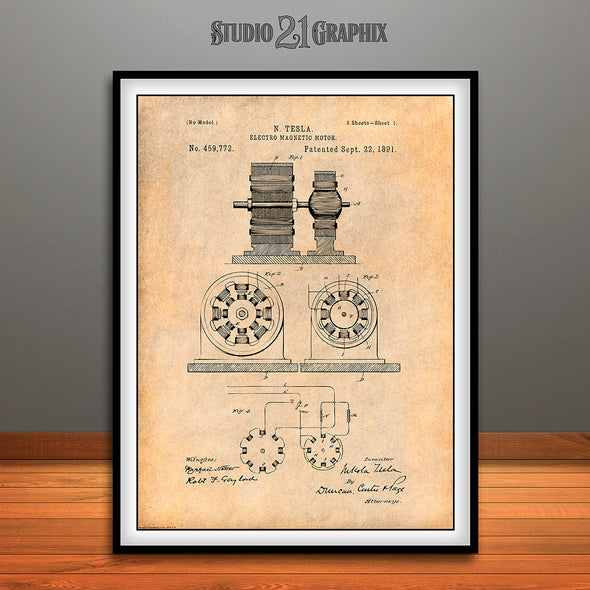 1891 Tesla Electro Magnetic Motor Patent Print Antique Paper
