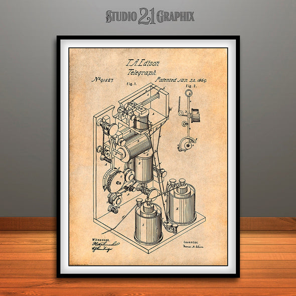 1869 Thomas Edison Telegraph Antique Paper Patent Print 