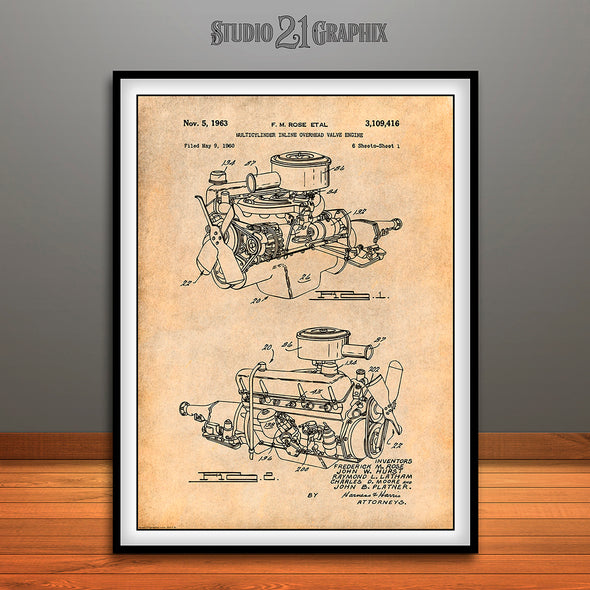 1960 Chrysler 220 Slant Six Engine Patent Print Antique Paper