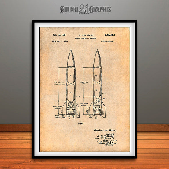 1959 Wernher Von Braun Rocket Propelled Missile Patent Print Antique Paper