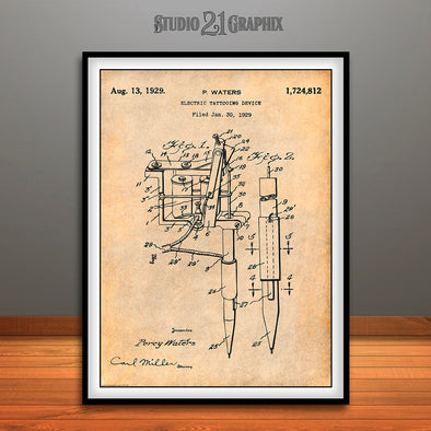 1929 Electric Tattooing Device Patent Print Antique Paper