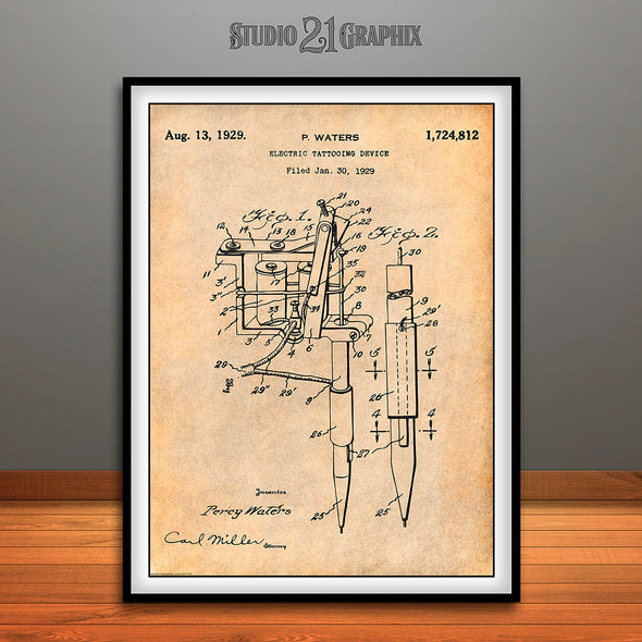 1929 Electric Tattooing Device Patent Print Antique Paper