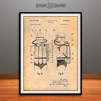 1947 Jacques Cousteau Diving Suit Patent Print Antique Paper