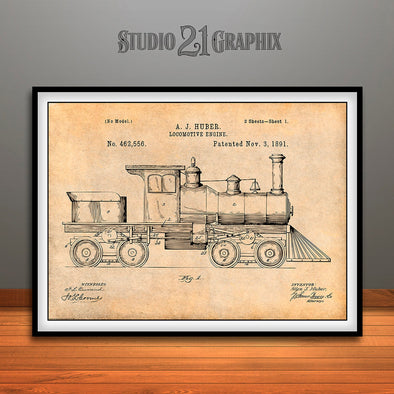 1891 Huber Locomotive Engine Patent Print Antique Paper