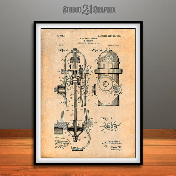 1903 Fire Hydrant Patent Poster Print Antique Paper