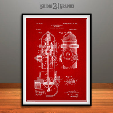 1903 Fire Hydrant Patent Poster Print Red