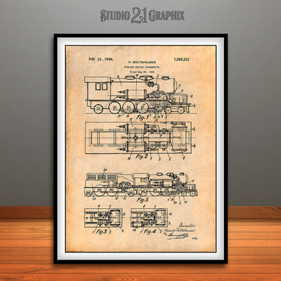 1925 Turbine Driven Locomotive Patent Print Antique Paper
