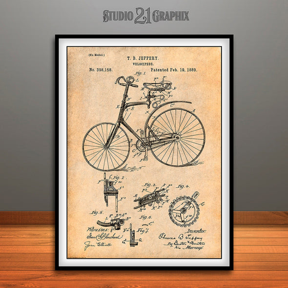 1889 Jeffery Velocipede Bicycle Patent Print Antique Paper