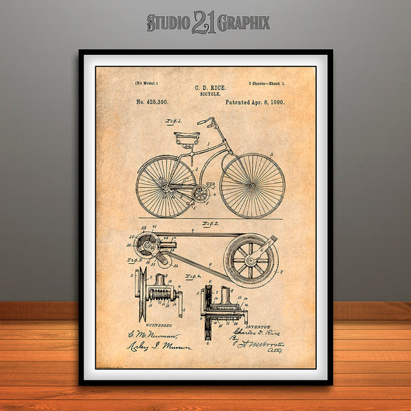 1890 Rice Antique Bicycles Patent Print Antique Paper