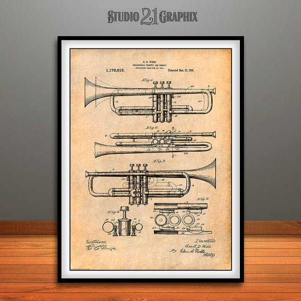 1916 Trumpet and Cornet Patent Print Antique Paper