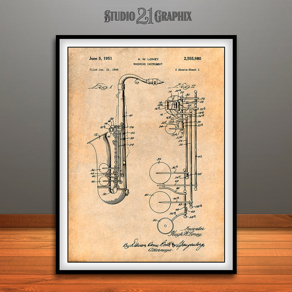 1949 Saxophone Patent Print Antique Paper