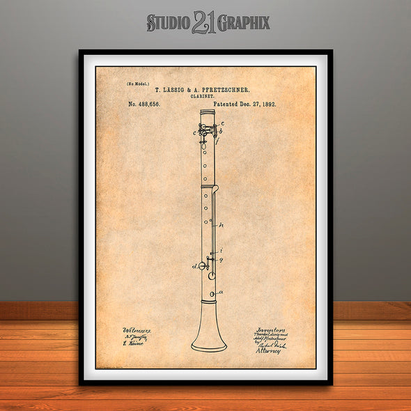 1892 Clarinet Patent Print Antique Paper