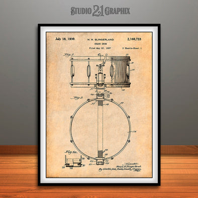 1939 Slingerland Radio King Snare Drum Patent Print Antique Paper