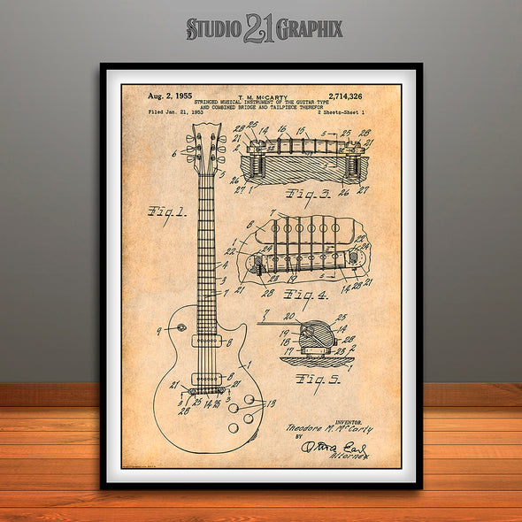 1955 Gibson Les Paul Guitar Patent Print Antique Paper