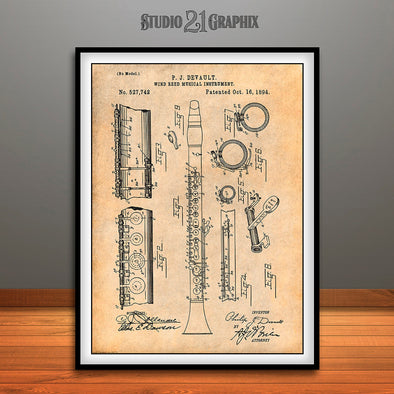 1894 Wind Reed Clarinet Patent Print Antique Paper
