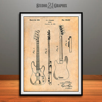 1952 Fender P1 Bass Guitar Patent Print Antique Paper