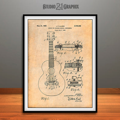 1952 Gibson Guitar Bridge Patent Print Antique Paper