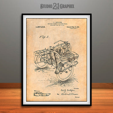 1913 Side Car Attachment for Motorcycles Patent Print Antique Paper