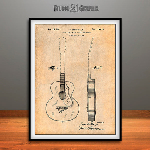 1941 Gretsch Guitar Patent Print Antique Paper