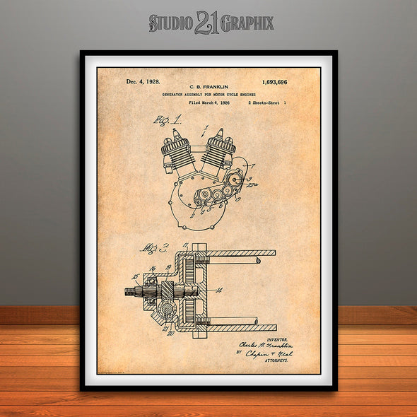 1926 Indian Motorcycle Engine Generator Patent Print Antique Paper
