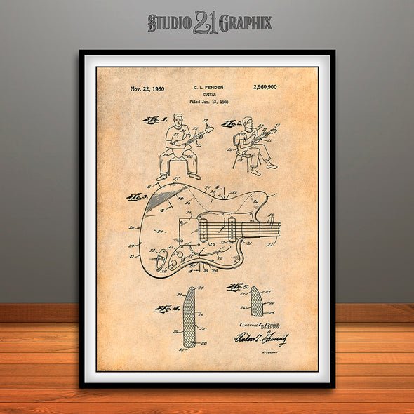 1958 Fender Guitar Patent Print Antique Paper