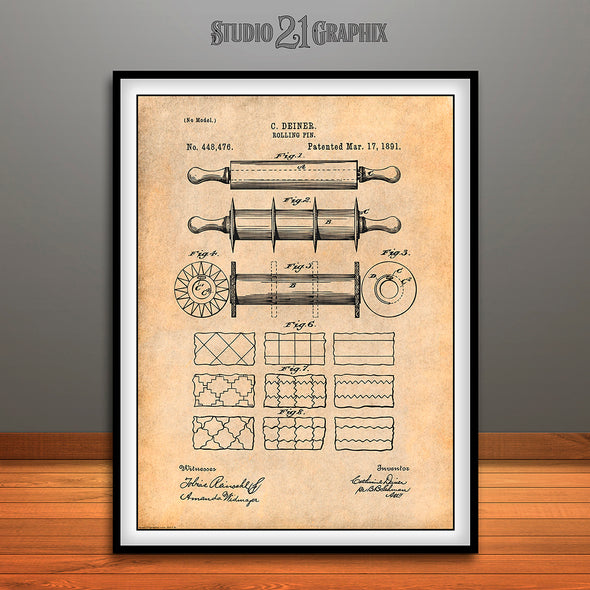 1891 Rolling Pin Patent Print Antique Paper