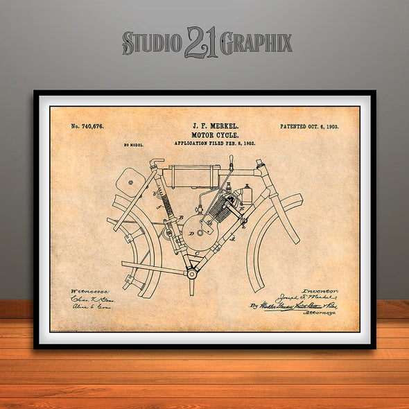1902 Merkel Motorcycle Patent Print Antique Paper