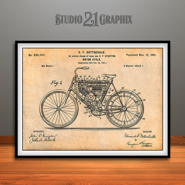 1901 Stratton Motorcycle Patent Print Antique Paper