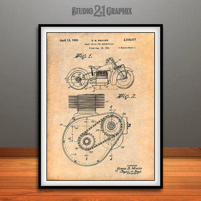 1943 Indian Motorcycle Patent Print Antique Paper