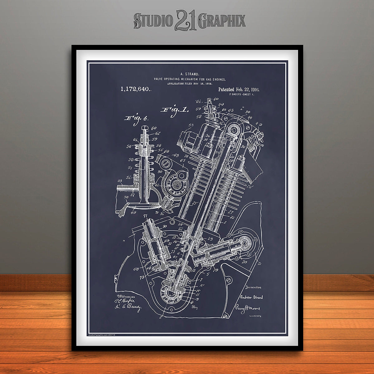 1914 Strand OHC Motorcycle Engine Patent Print - UNFRAMED – Studio 21 ...