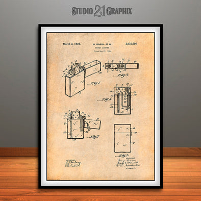 1934 Zippo Pocket Lighter Patent Print Antique Paper