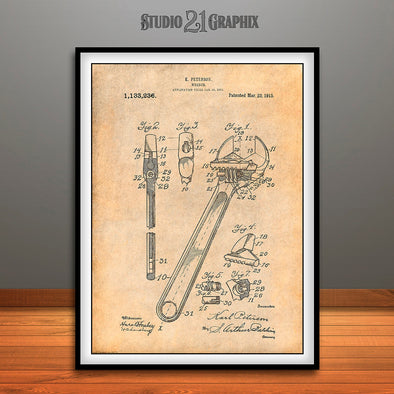 1915 Peterson Adjustable Wrench Spanner Patent Print Antique Paper
