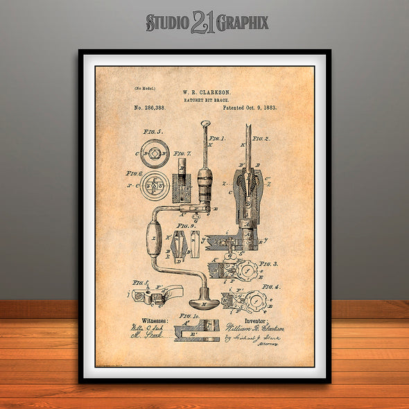 1883 Bit and Brace Drill Patent Print Antique Paper