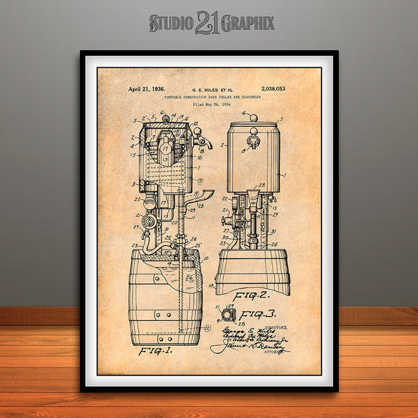 Beer Cooler and Tap Patent Print Antique Paper