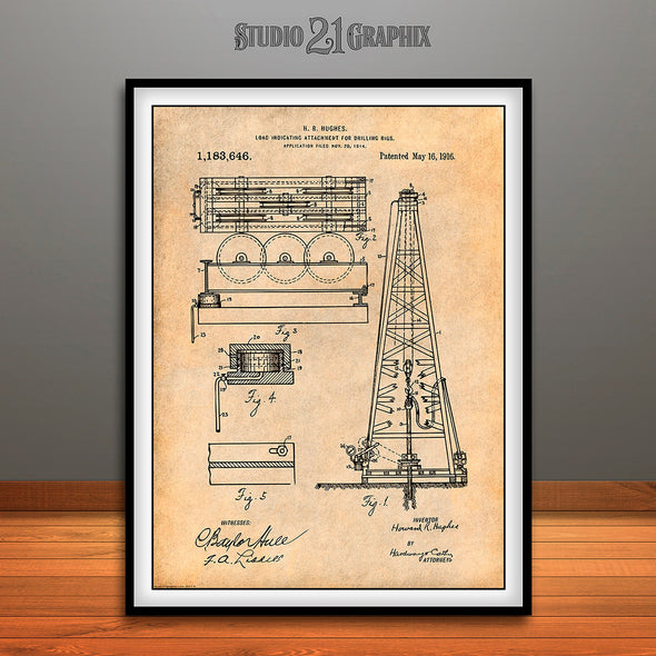 1916 Howard Hughes Oil Drilling Rig Attachment Patent Print Antique Paper