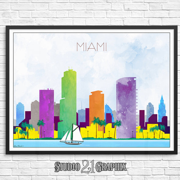 Miami, Florida Skyline Watercolor Art Print
