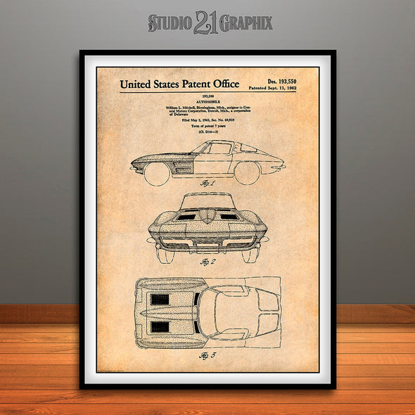 1963 Corvette Stingray Car Patent Print Antique Paper