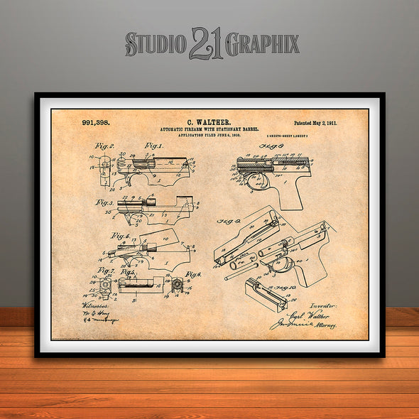 1911 Walther Model 1 Automatic Firearm Patent Print Antique Paper