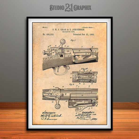 1892 Springfield Model Krag – Jørgensen Rifle Patent Print Antique Paper