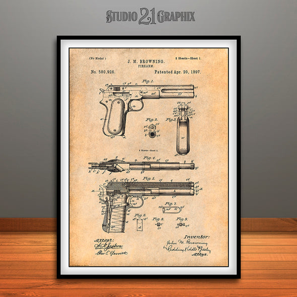 1897 J. M. Browning Pistol Patent Print Antique Paper